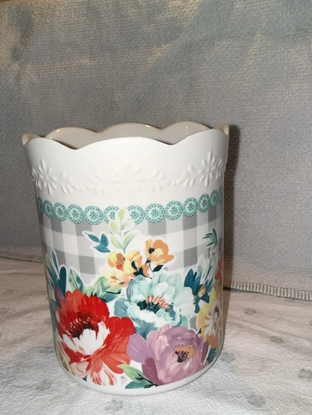 Floral Ceramic Utensil Holder - White with Multicolor Floral Pattern
